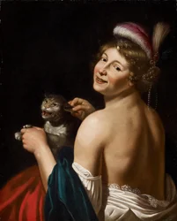 Una cortesana tirando de la oreja de un gato